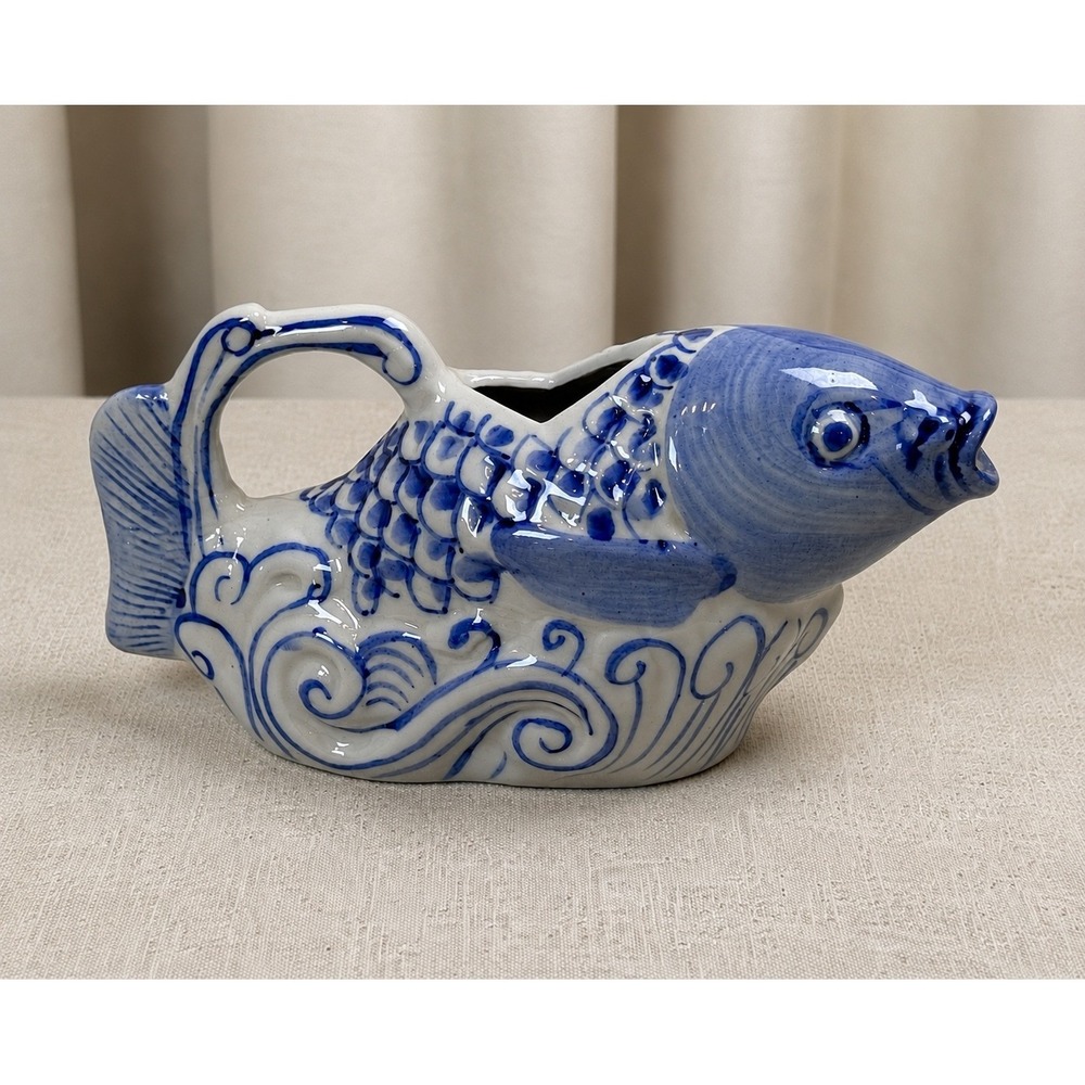 Blue White Porcelain Fish Creamer Pitcher Chinoiserie Koi Figural Ceramic 7.5"